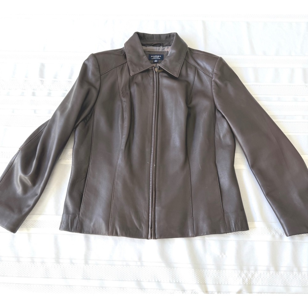 Sonoma Life Style Brown Lambskin Leather Jacket Mens Medium Full Zip RN73277